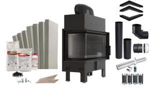 Kominek powietrzny wkład kominkowy FLOKI M LEWY CZARNE WYŁOŻENIE 10 KW Ø 200 CAŁY ZESTAW luft 80x40x9